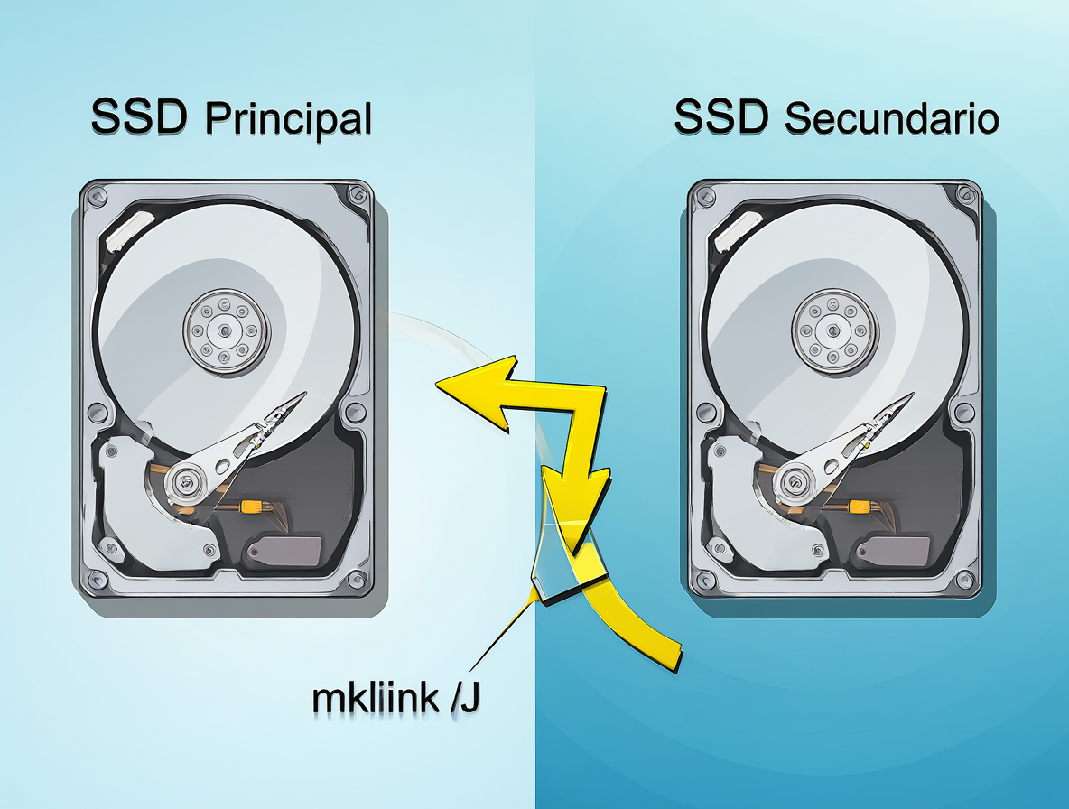 Ilustración que muestra la conexión entre dos discos duros mediante el comando mklink /J para gestión de almacenamiento.