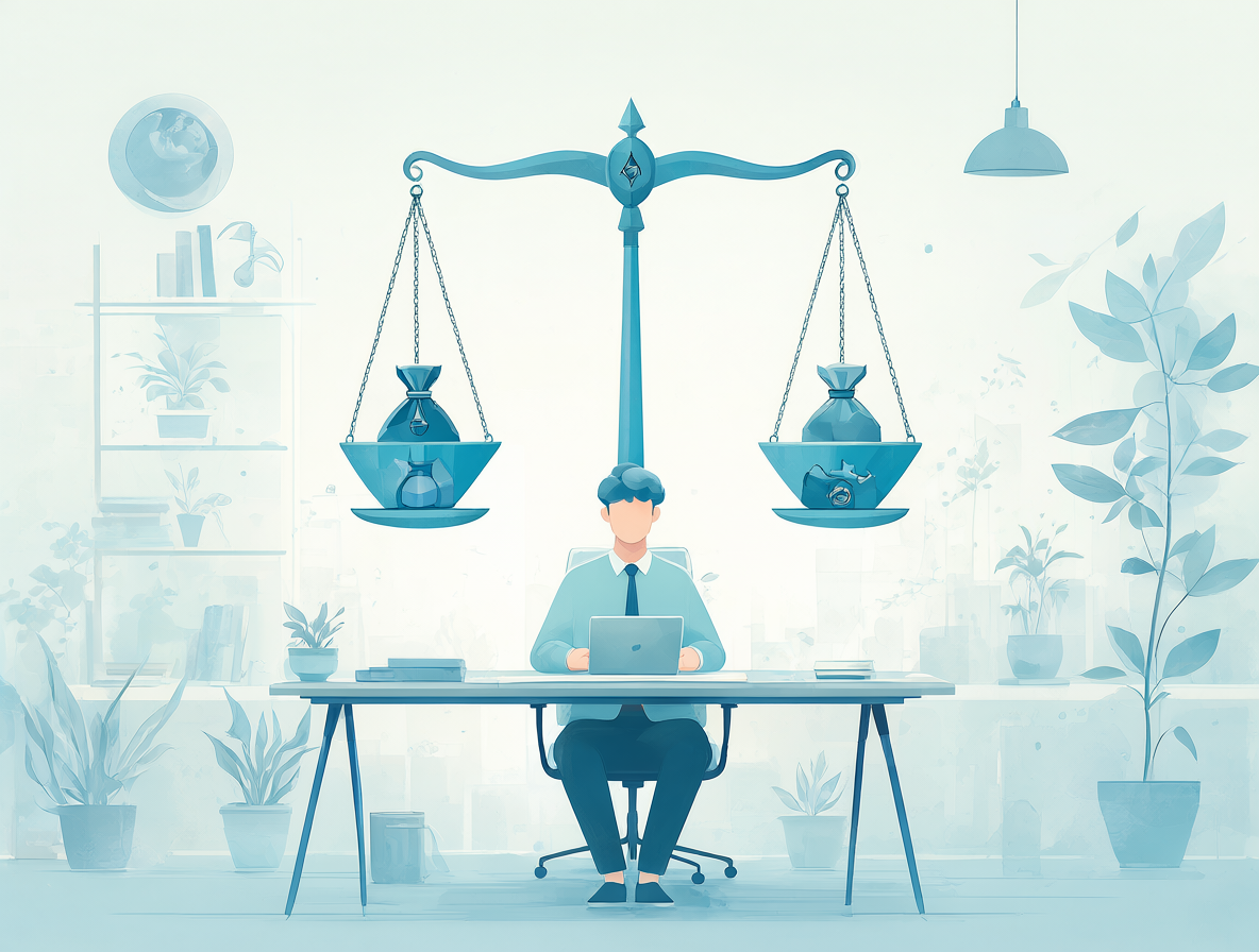Una persona en su escritorio con una balanza mostrando el equilibrio entre medidas de privacidad extremas e higiénicas.