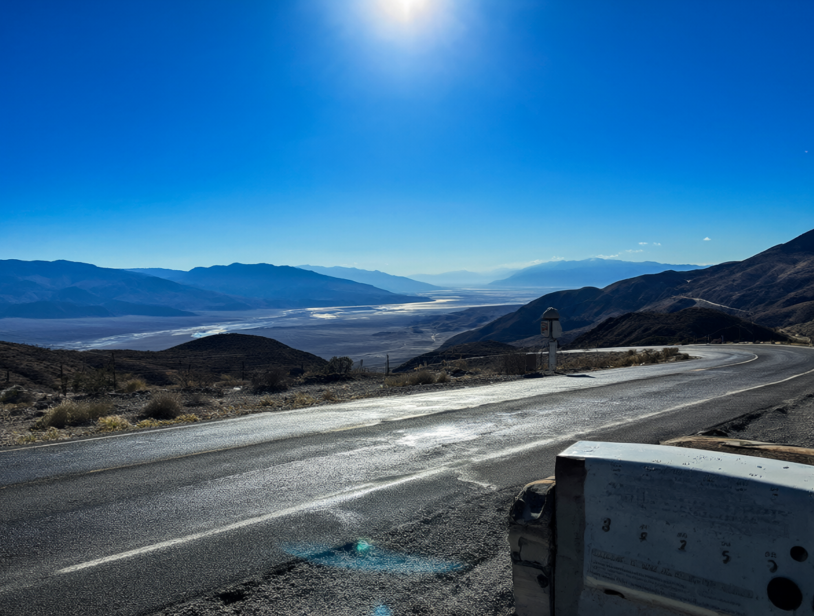 Vista del desierto de California con asfalto brillando al calor extremo y una estación meteorológica.