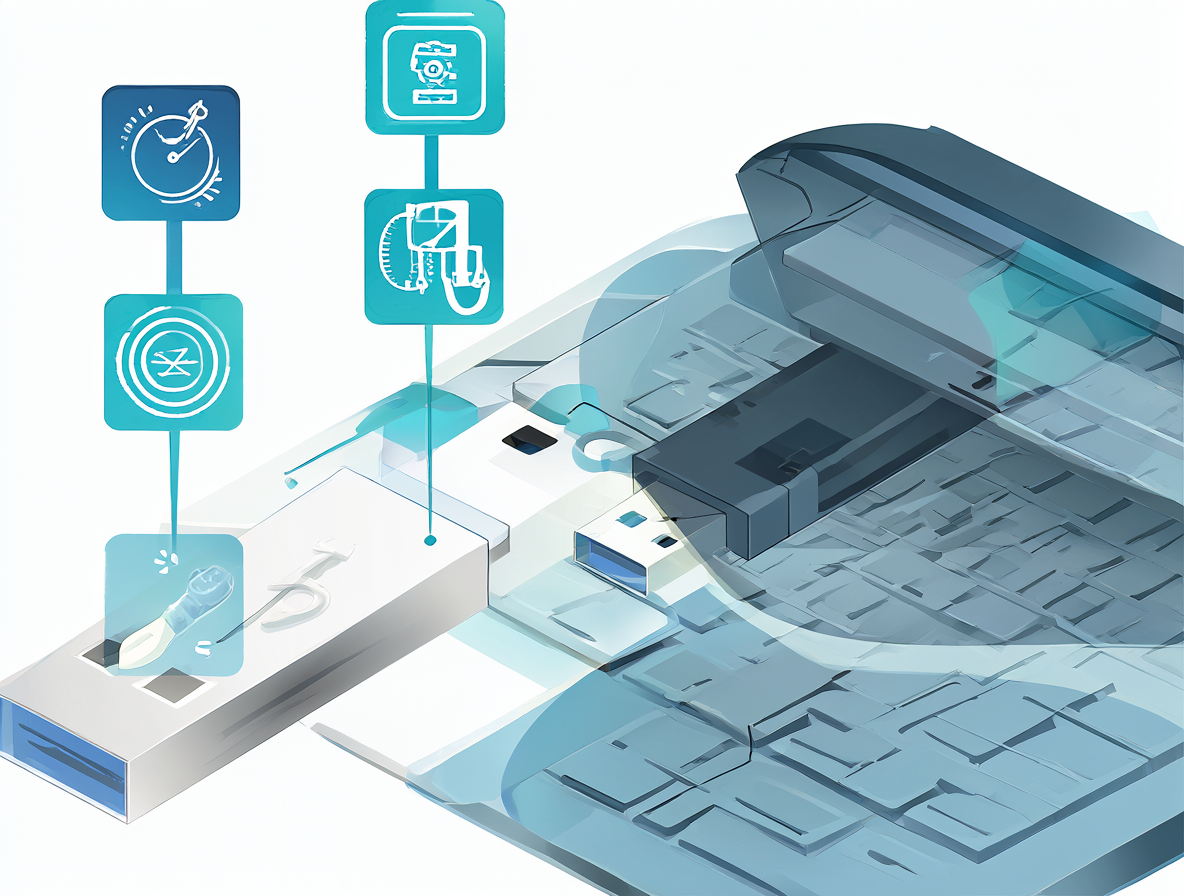 Ilustración de un pendrive junto a herramientas de clonación de software.