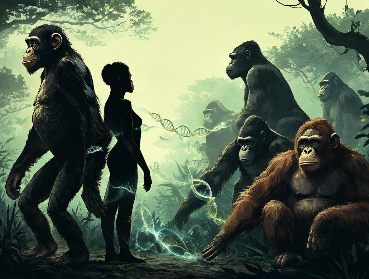 Humanos conectados a chimpancés mediante secuencias de ADN brillantes.