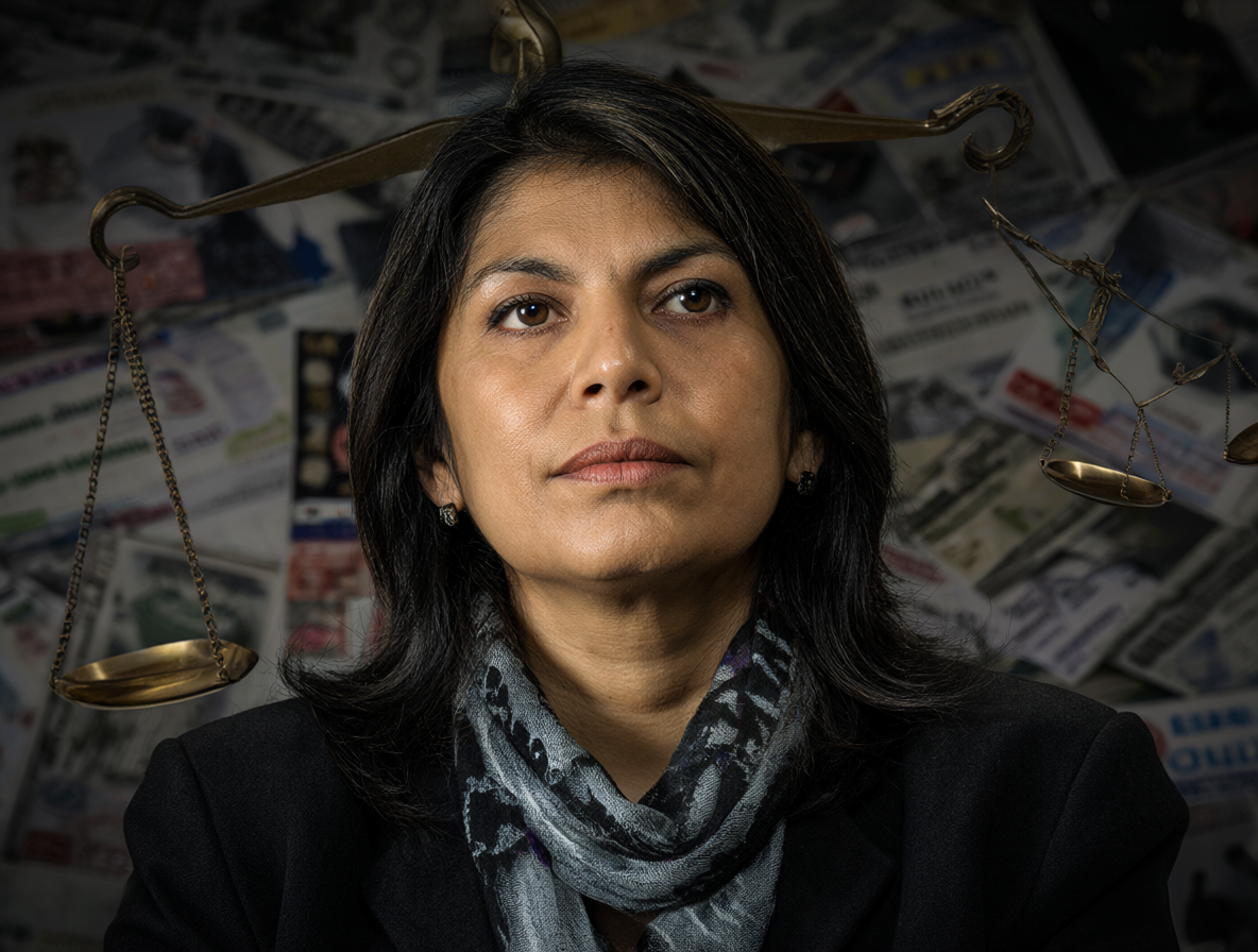 Retrato formal de Camila Flores frente a titulares de noticias y documentos legales.