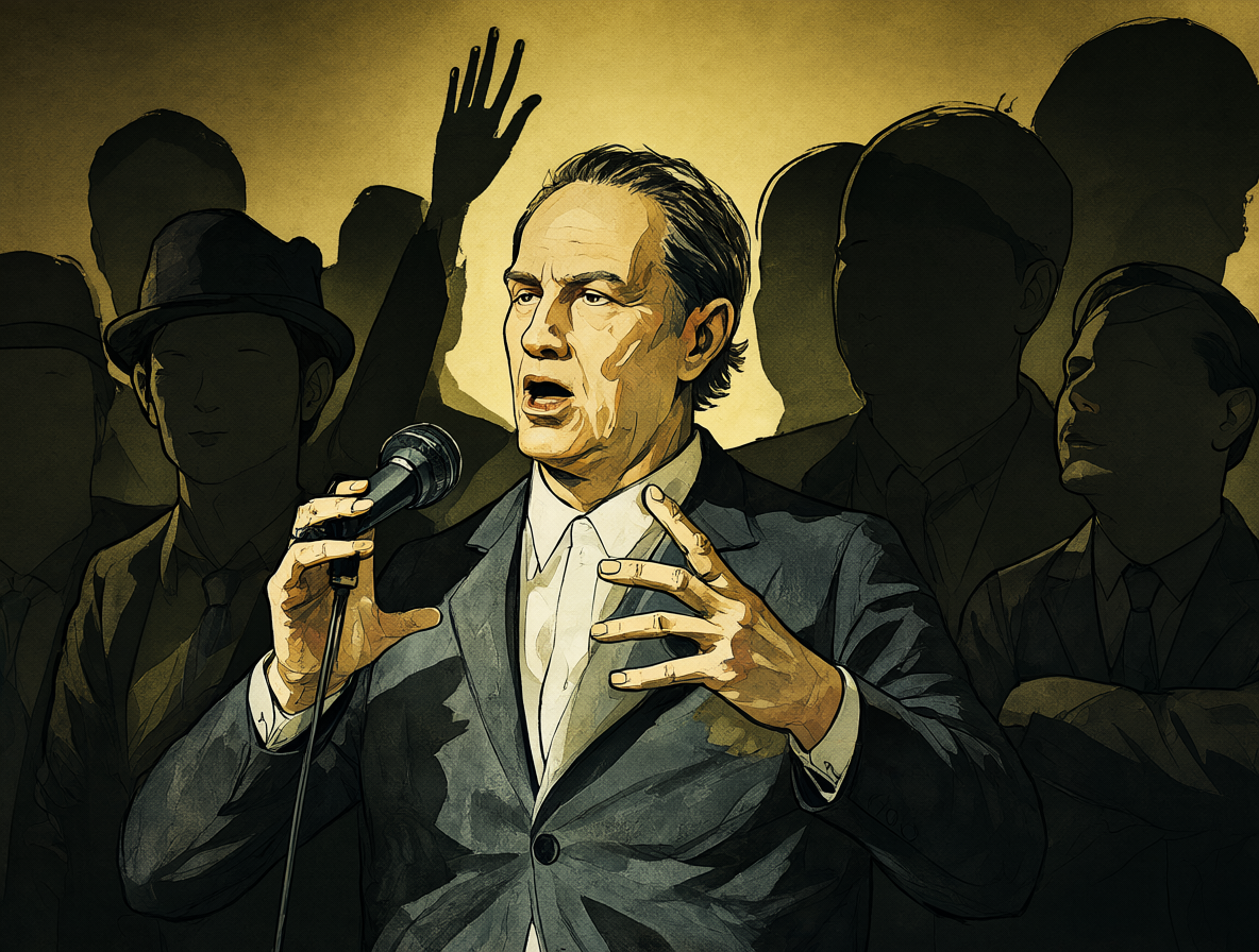 Figura política antigua rodeada de sombras y siluetas hablando al micrófono.