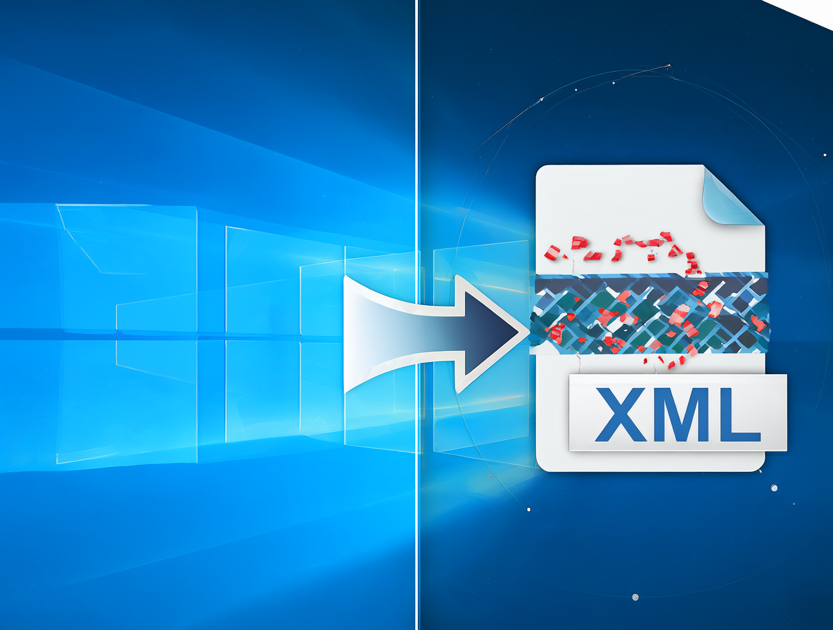 Ilustración dividida con un sistema Windows actualizándose y un archivo XML siendo procesado.
