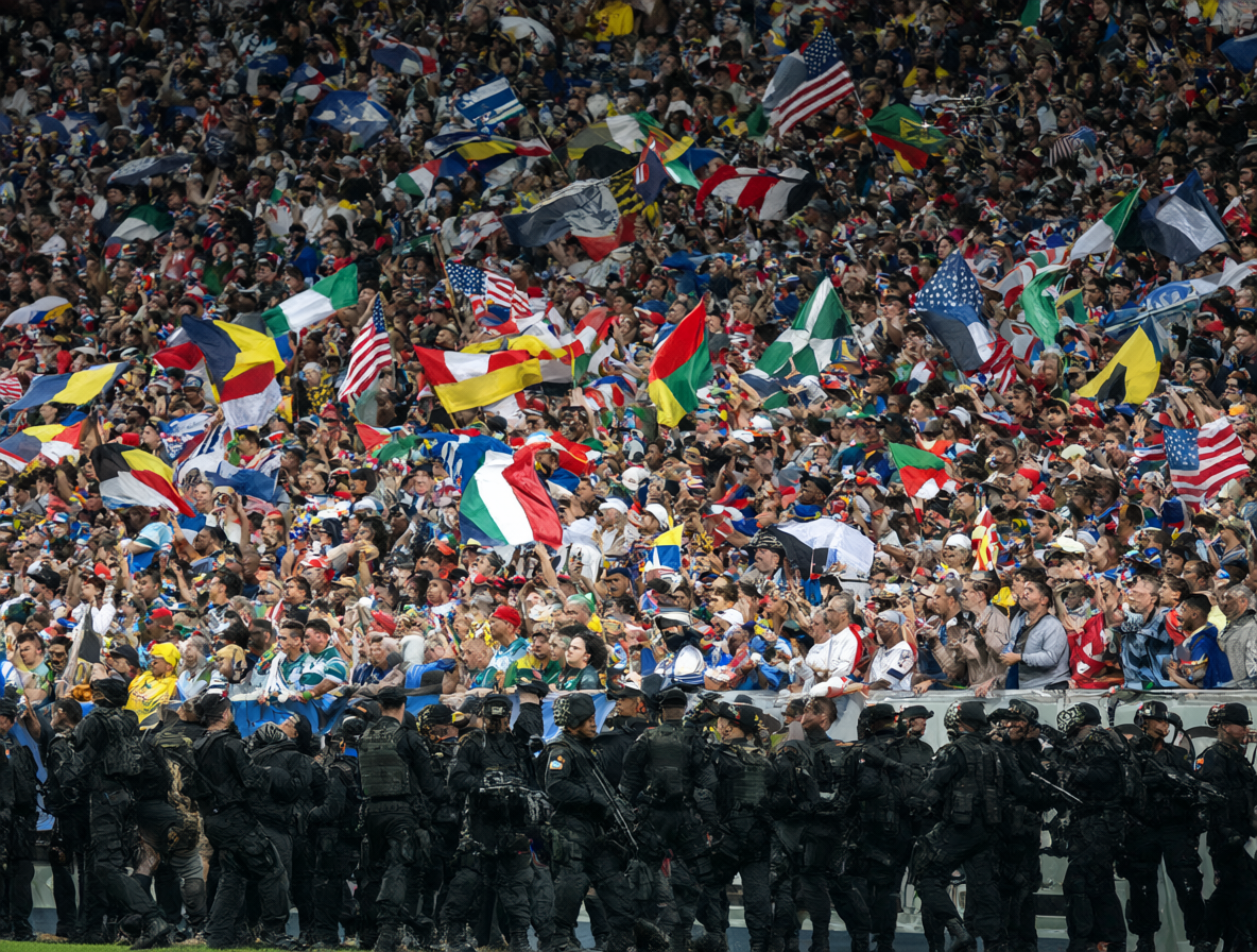 Multitudes de hinchas internacionales bajo vigilancia federal durante el Mundial 2026.
