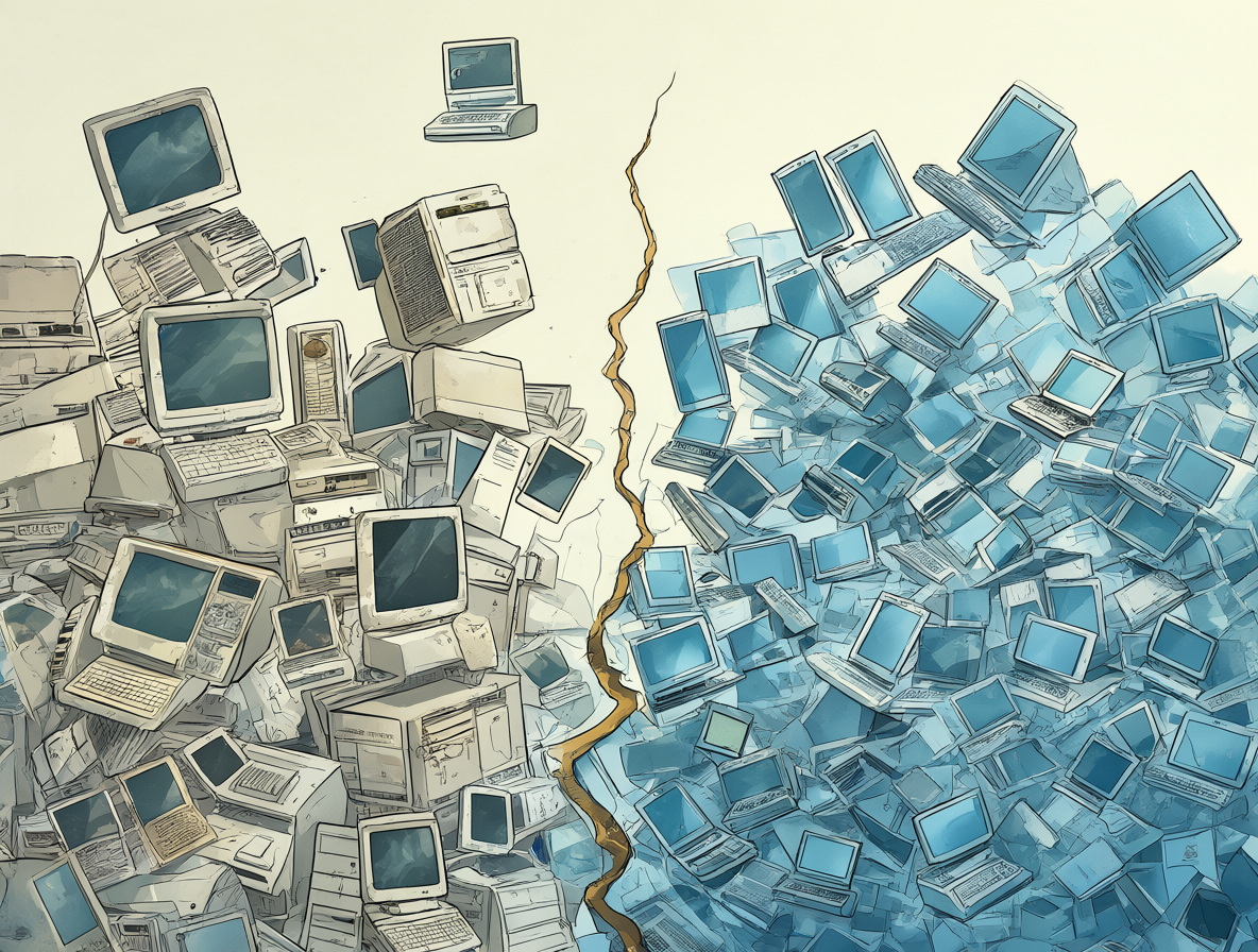 Gráfico ilustrativo mostrando la separación entre equipos de escritorio obsoletos siendo descartados frente a dispositivos modernos.