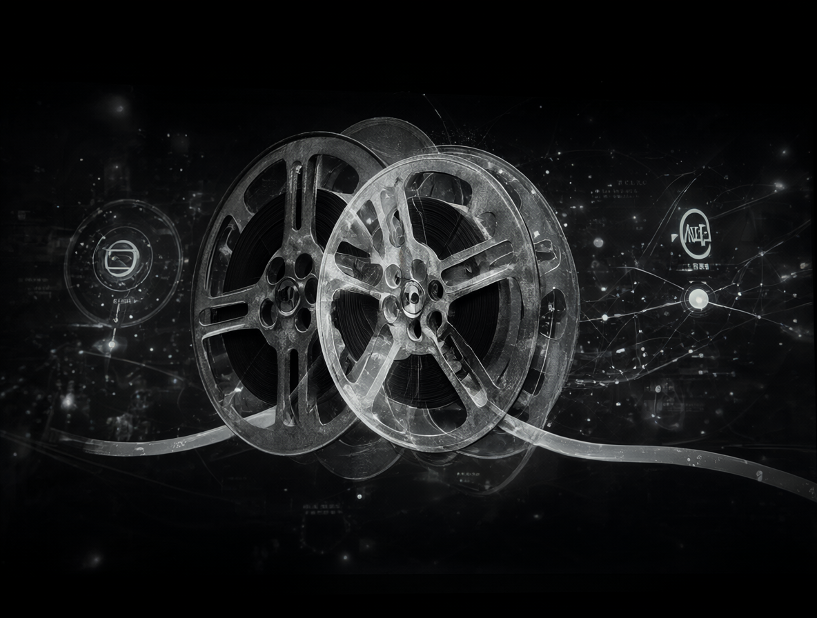 Una escena cinematográfica oscura mostrando un rollo de película antiguo transformándose en una imagen digital vibrante.