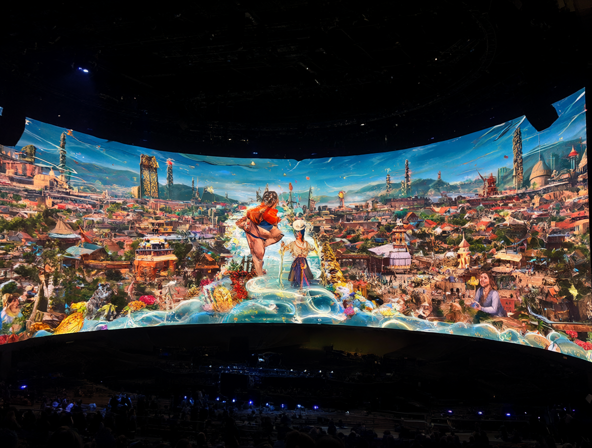 Vista panorámica de una pantalla curva masiva mostrando una versión vibrante de la película.