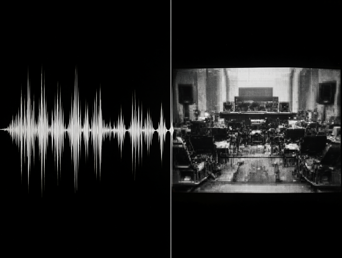 Una composición dividida mostrando ondas de audio y un marco de película siendo expandido artificialmente.