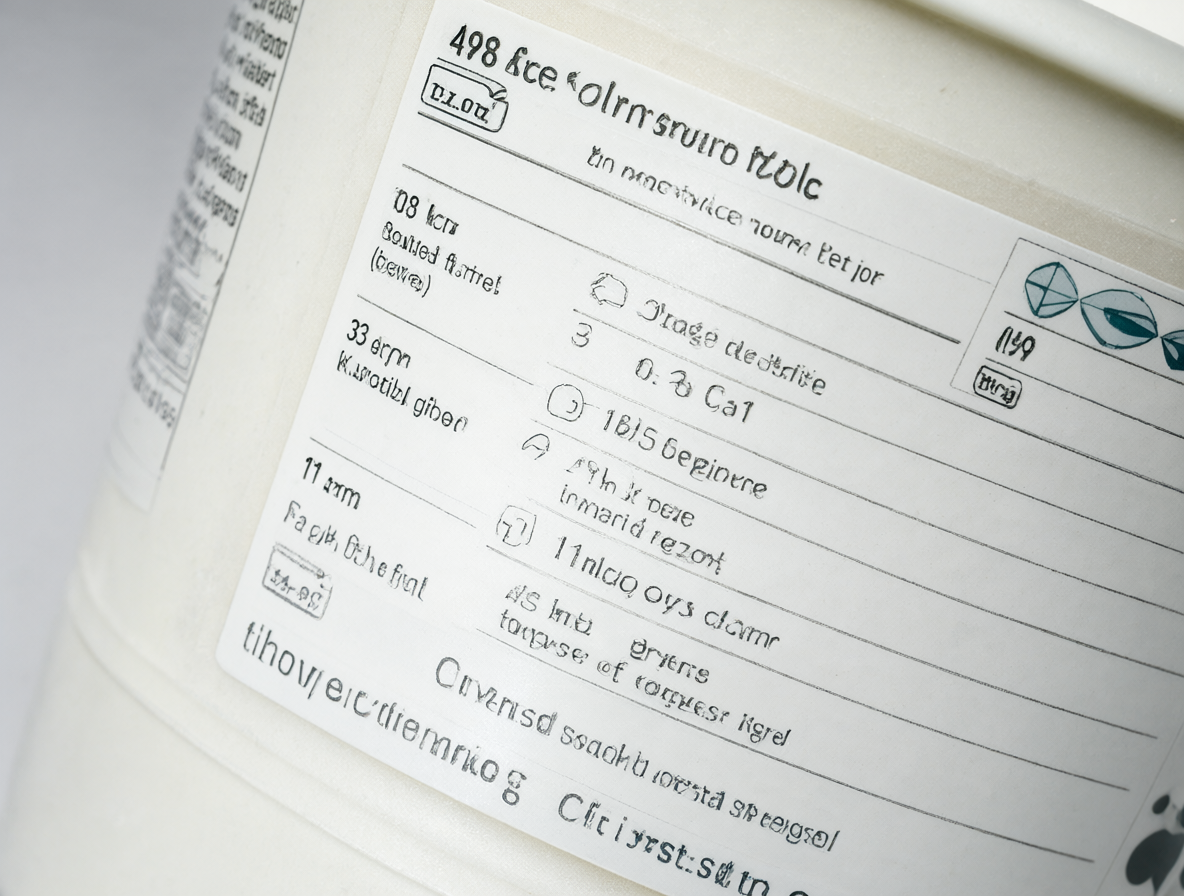 Close-up of a nutritional label with low calorie counts and high fiber content.