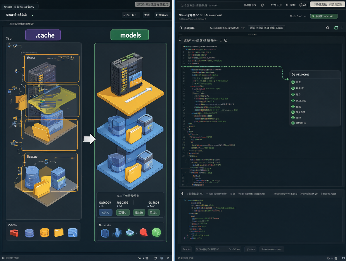 Imagen dividida mostrando el desorden de tener múltiples cachés versus una configuración limpia usando variables de entorno compartidas.