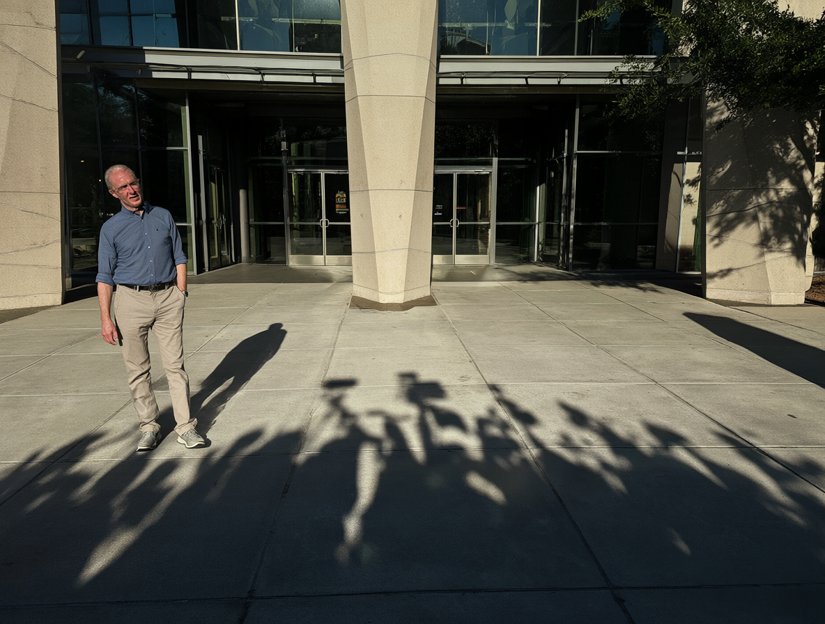 A man standing in front of a courthouse with a shadowy silhouette of a crowd behind him representing public outrage.