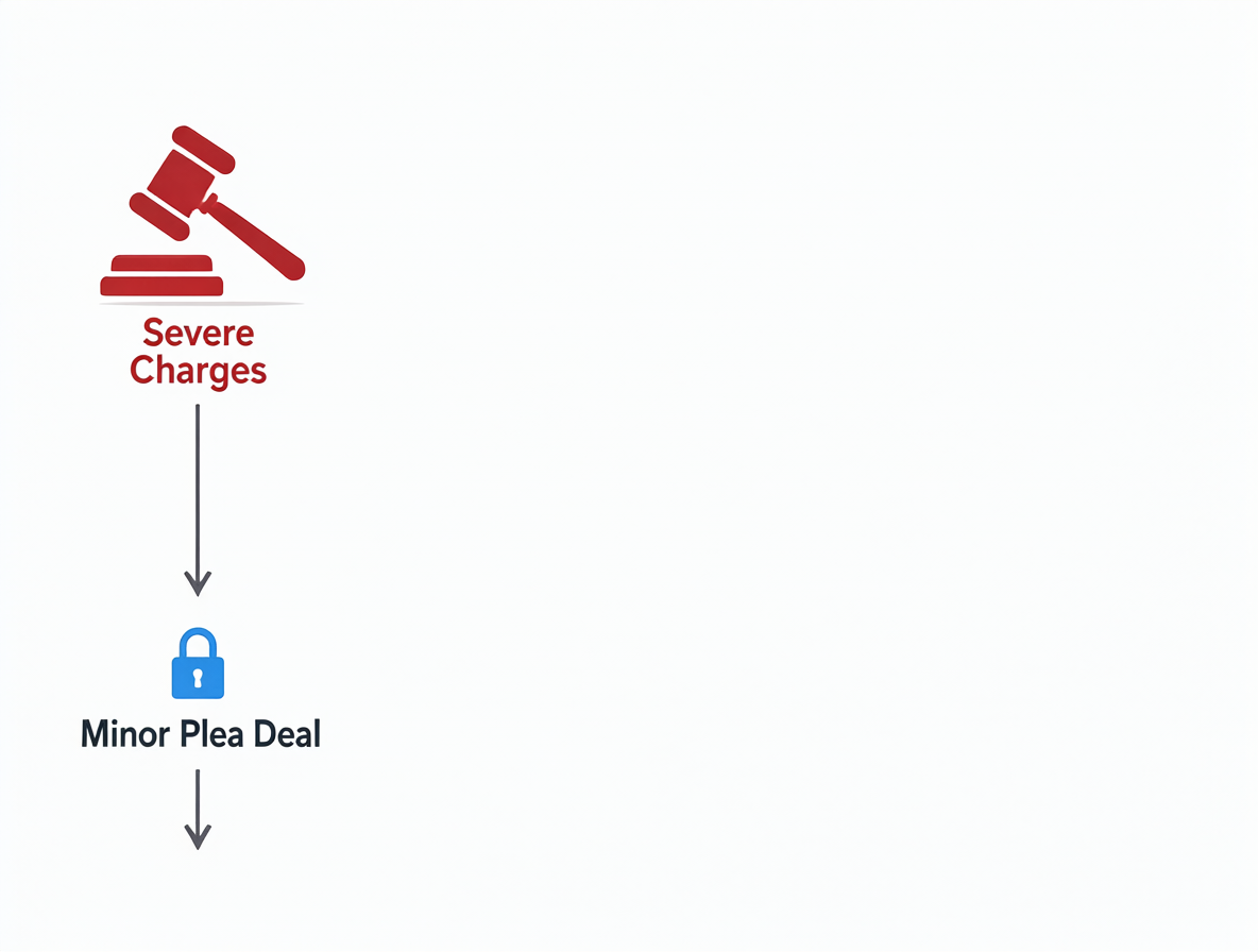An arrow graphic showing the downward slope of charges from severe felony to minor offenses.