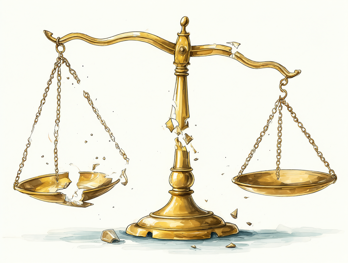A broken golden scale representing the legal system's failure in this case.