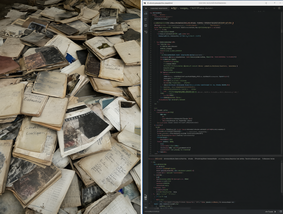 Imagen dividida mostrando libros de código antiguos y una ventana de editor moderno.