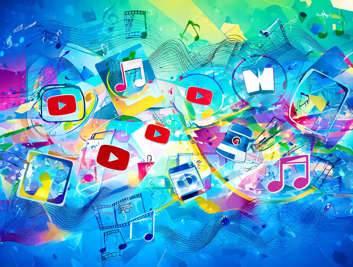 Ilustración digital con iconos de plataformas de video sobre un fondo musical.