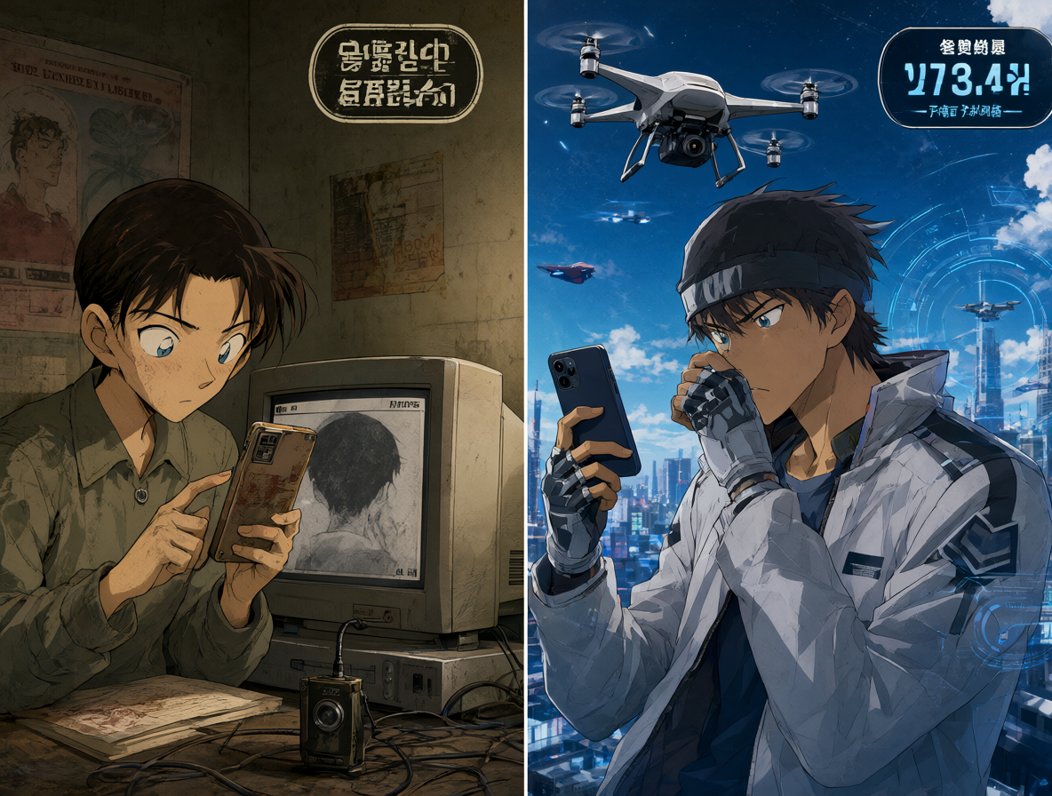 Contraste entre tecnología antigua y moderna en una serie anime