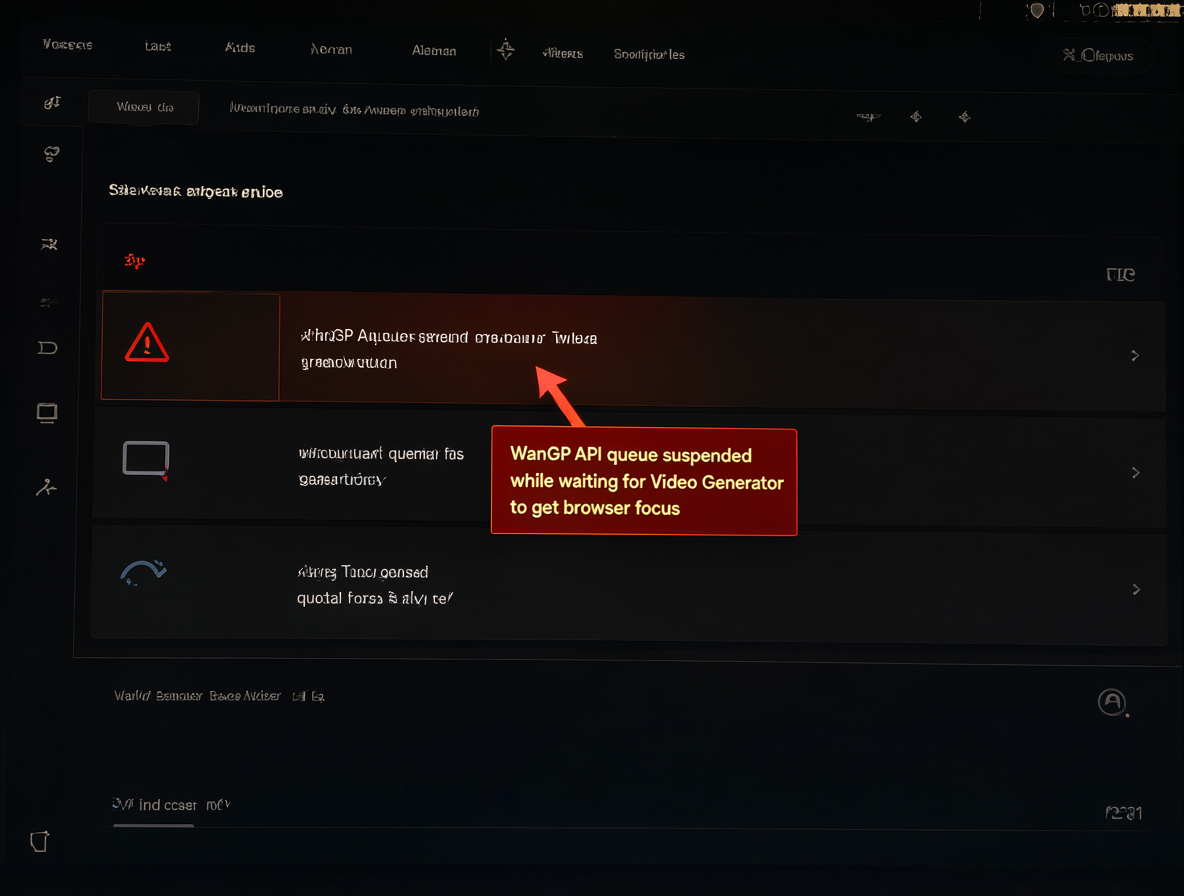 Pantalla mostrando el error de suspensión de la API WanGP.