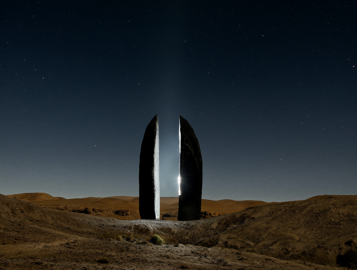 Monolito negro en un desierto bajo estrellas