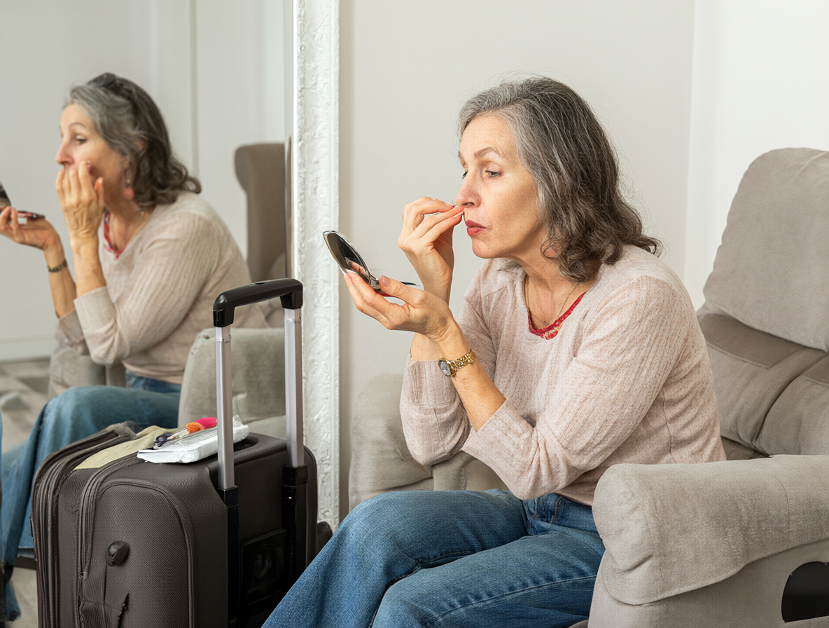 Mujer aplicando maquillaje frente al espejo