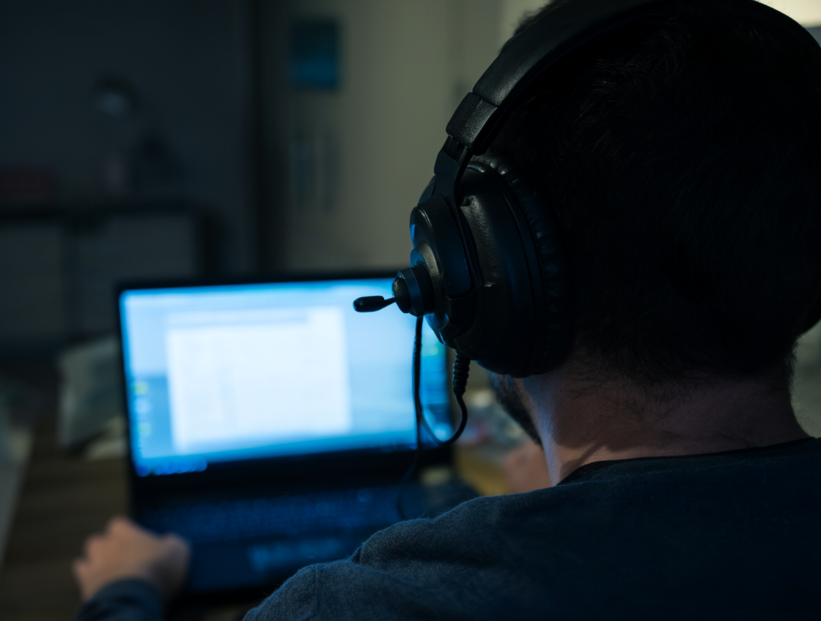 Una persona trabajando intensamente con audífonos y una computadora portátil