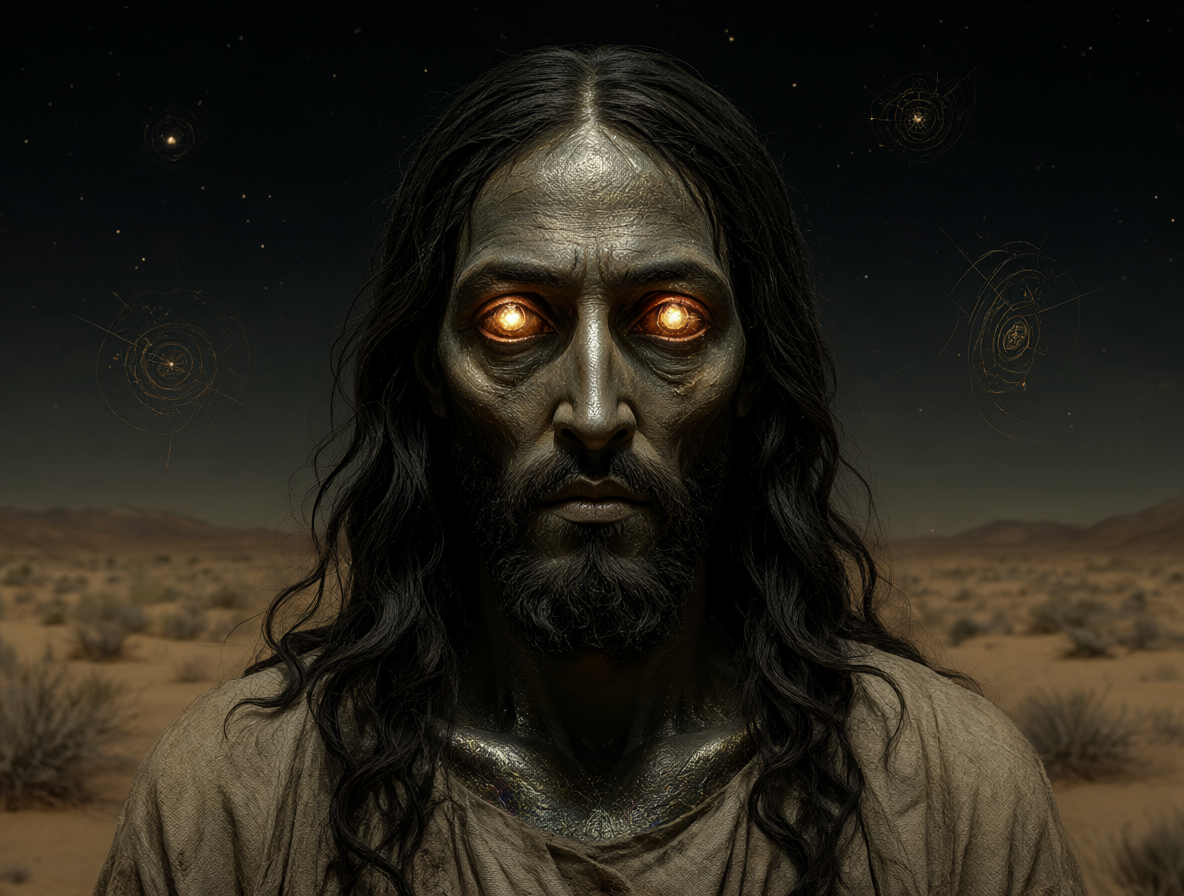 Retrato alienígena de Jesús con símbolos místicos flotando alrededor en un entorno desértico.