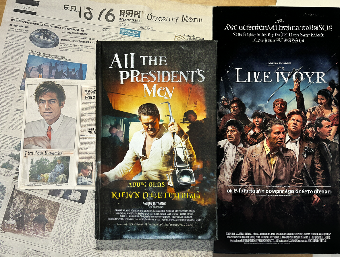 Imagen dividida mostrando los tres niveles de representación del caso Watergate: la realidad, el libro y la película.