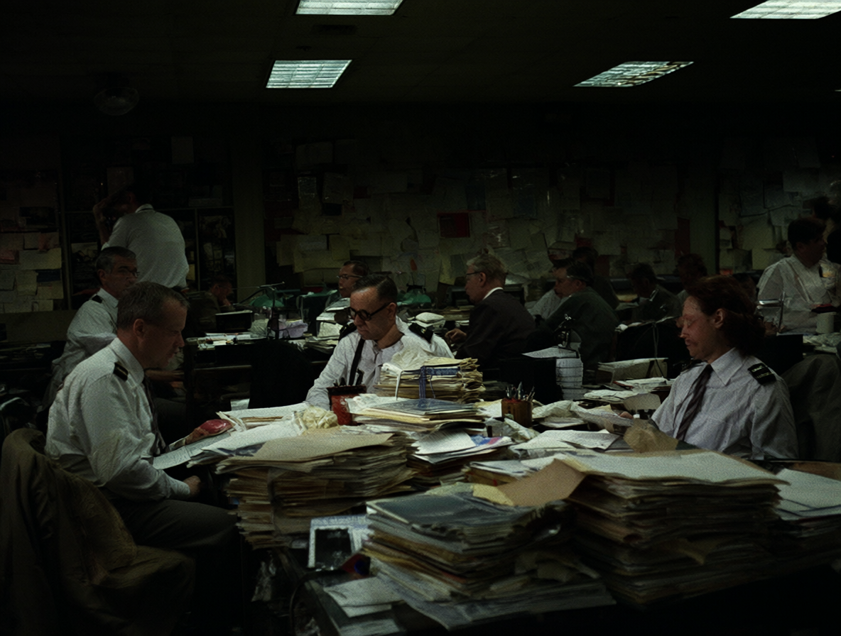Escena de investigación caótica con agentes del FBI y documentos apilados en una oficina.