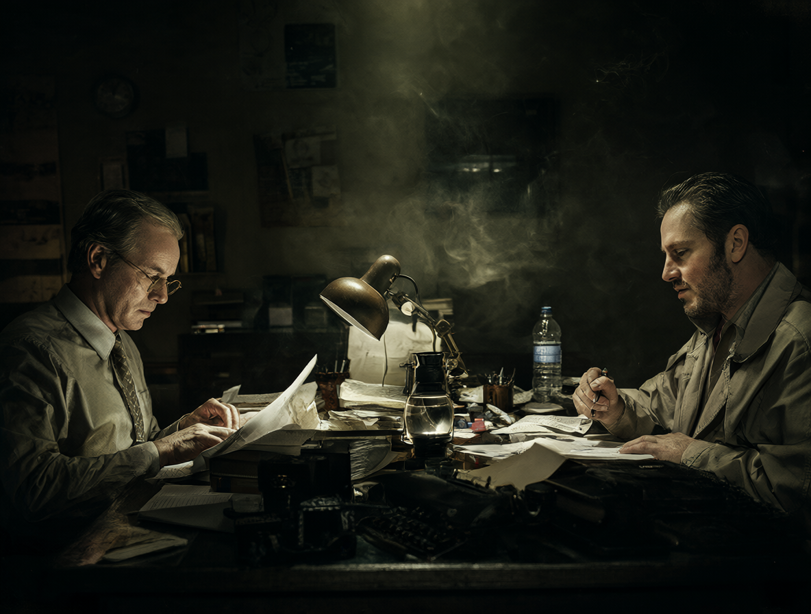 Periodistas trabajando con máquinas de escribir y humo en una habitación oscura.