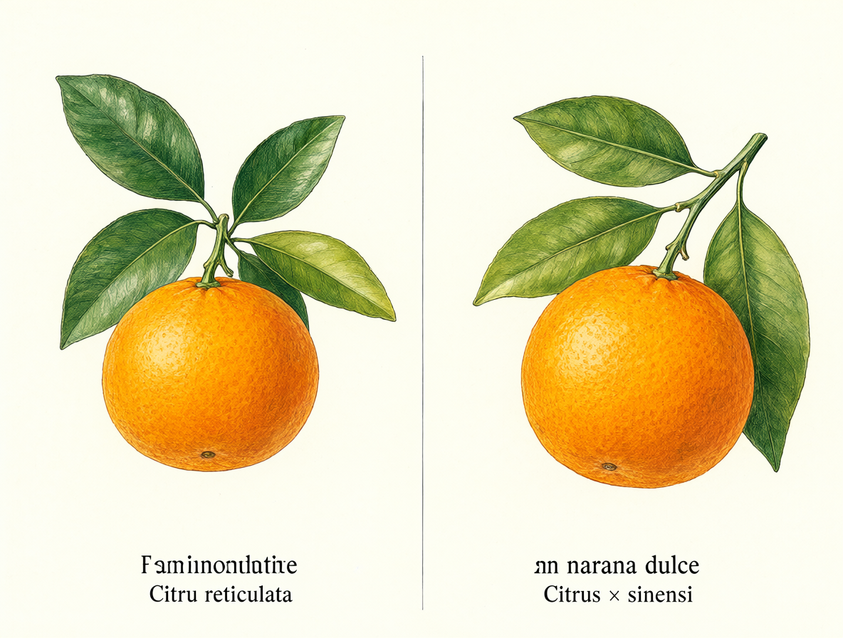 Diagrama mostrando las diferencias botánicas entre mandarinas y naranjas.