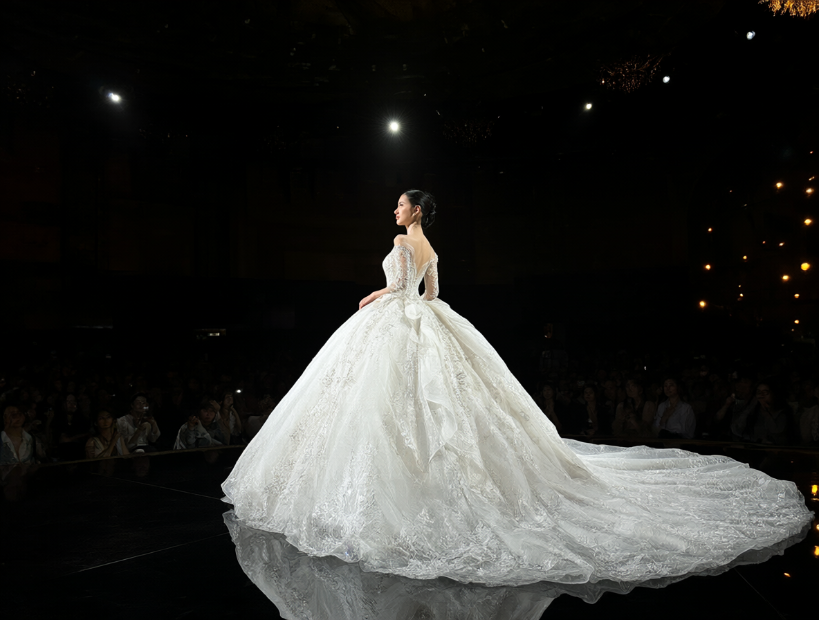 Mujer en un vestido de novia blanco bajo focos en un escenario.