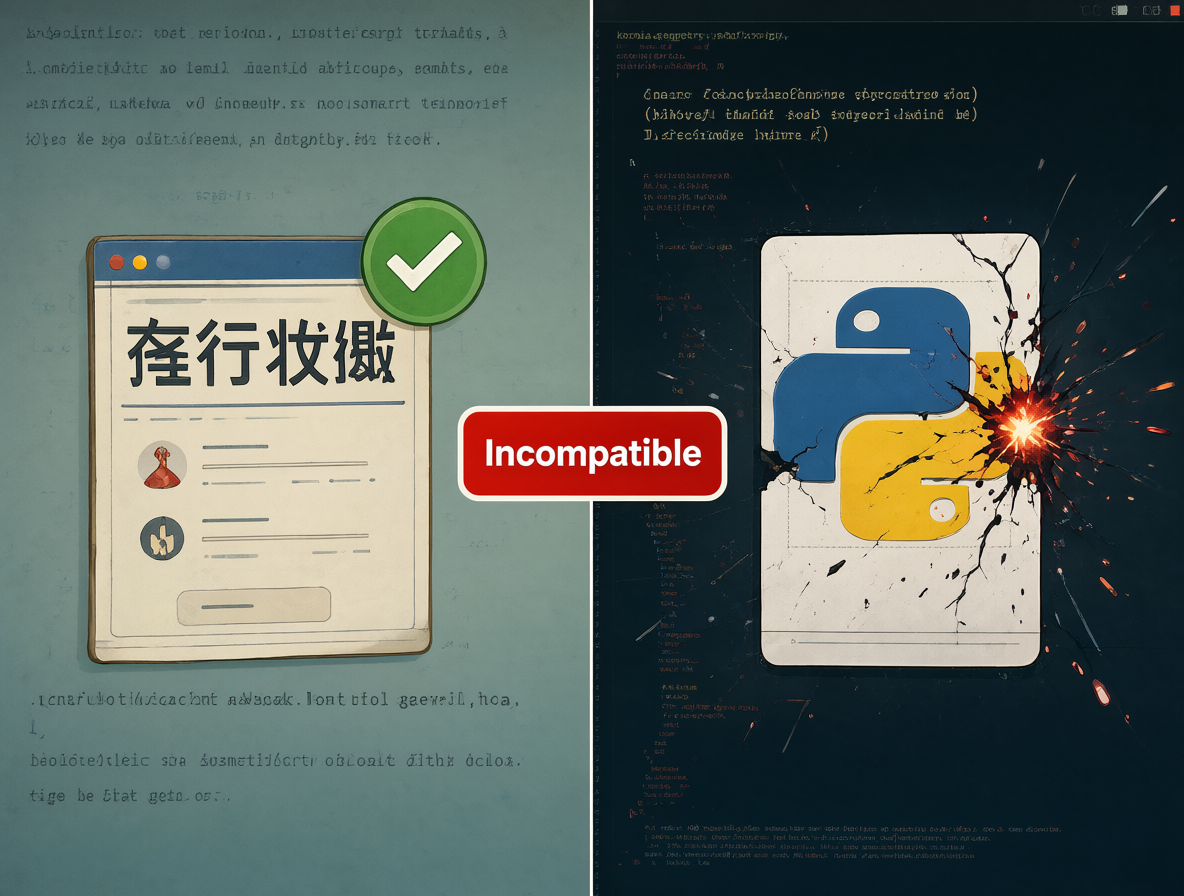 Split screen illustration showing two versions of a library with an incompatibility label, featuring code snippets.