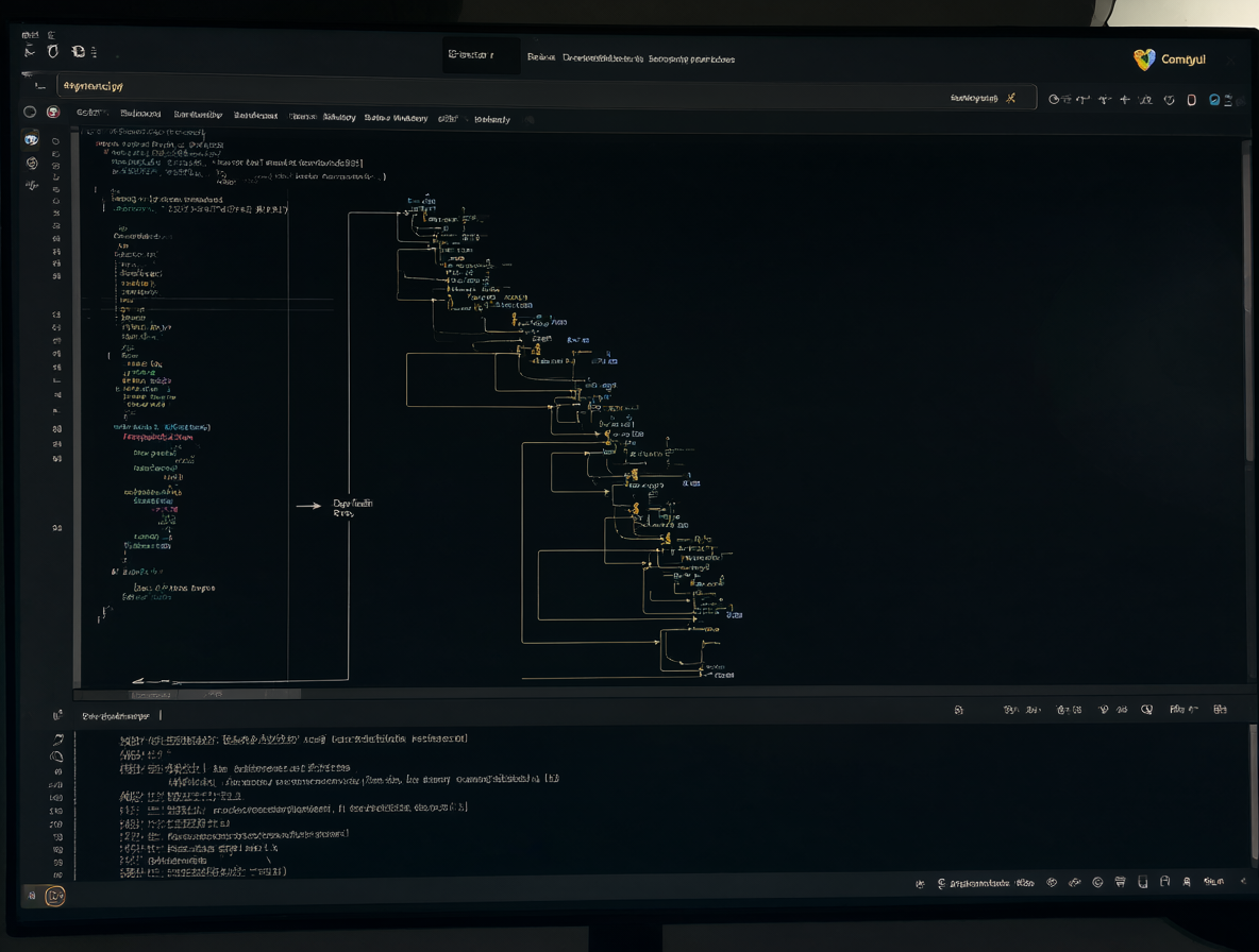 Code editor window with arrows pointing from API endpoints to a JSON workflow, set against a tech background.