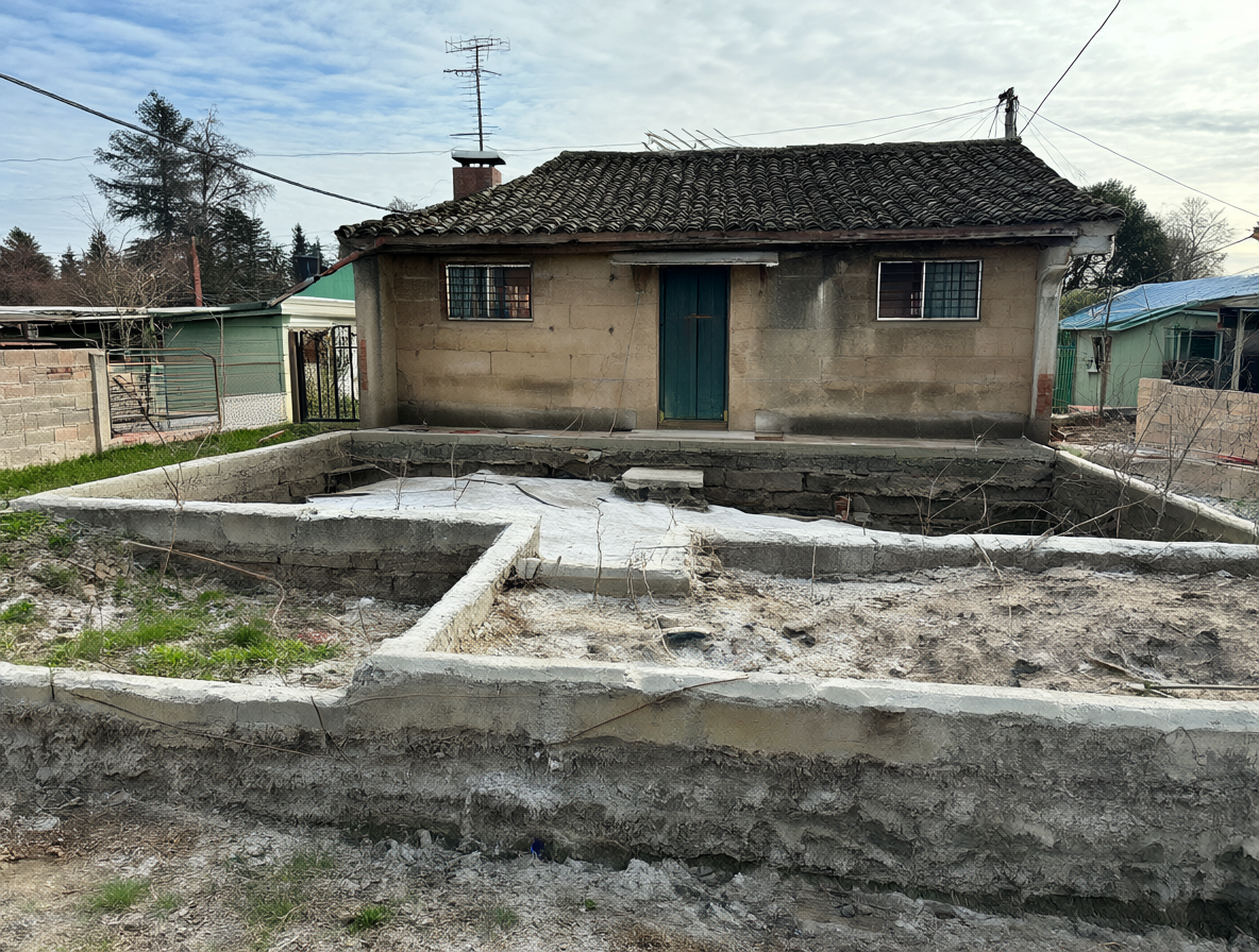 Diagrama técnico de corte de una casa mostrando capas del suelo, cimentaciones y el nivel freático en un entorno urbano chileno.