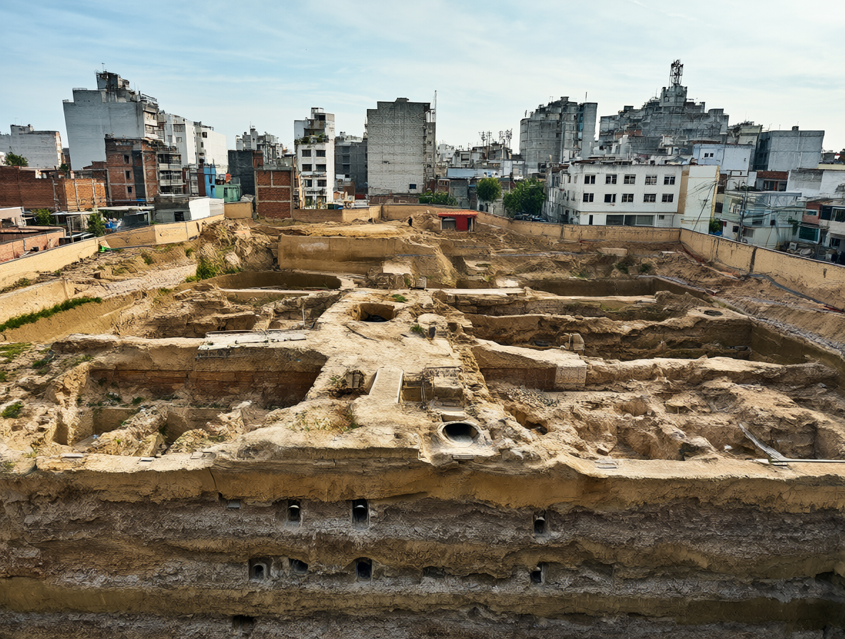 Diagrama arquitectónico de una ciudad mostrando la superposición histórica de edificaciones y redes subterráneas antiguas.