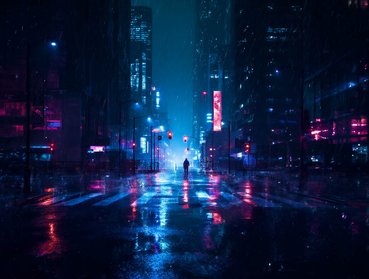 Vista nocturna futurista con lluvia y luces de neón brillantes en un entorno urbano cyberpunk.