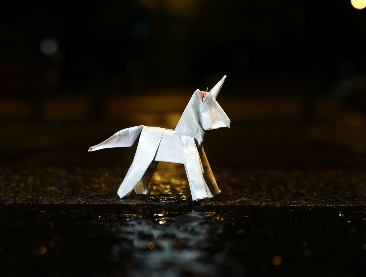 Un origami de unicornio plegado en detalle sobre una superficie oscura.