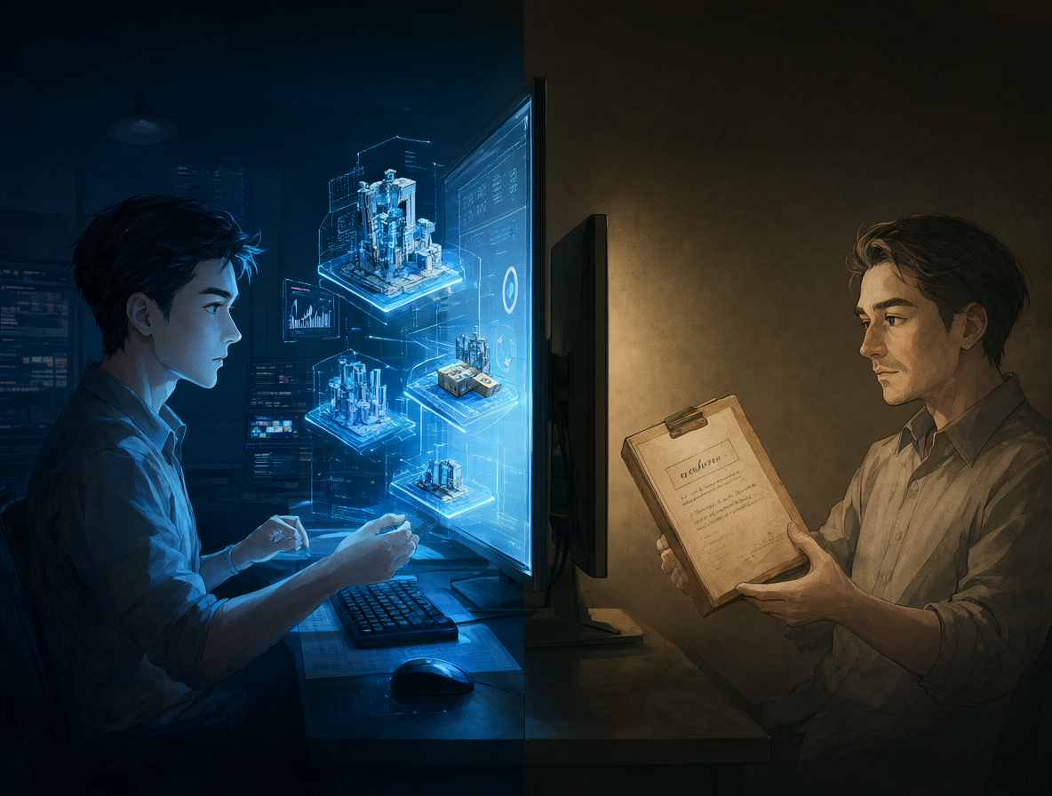 Ilustración comparativa entre desarrollo rápido y preservación de entornos antiguos.