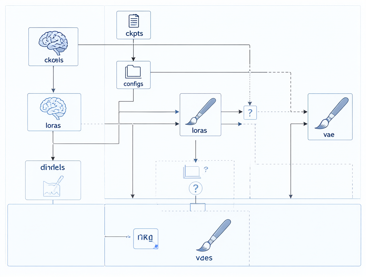 Diagrama técnico de carpetas de software con etiquetas claras
