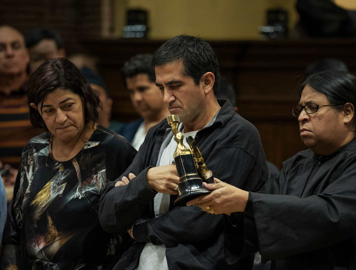Escena de un tribunal con personas en tensión.