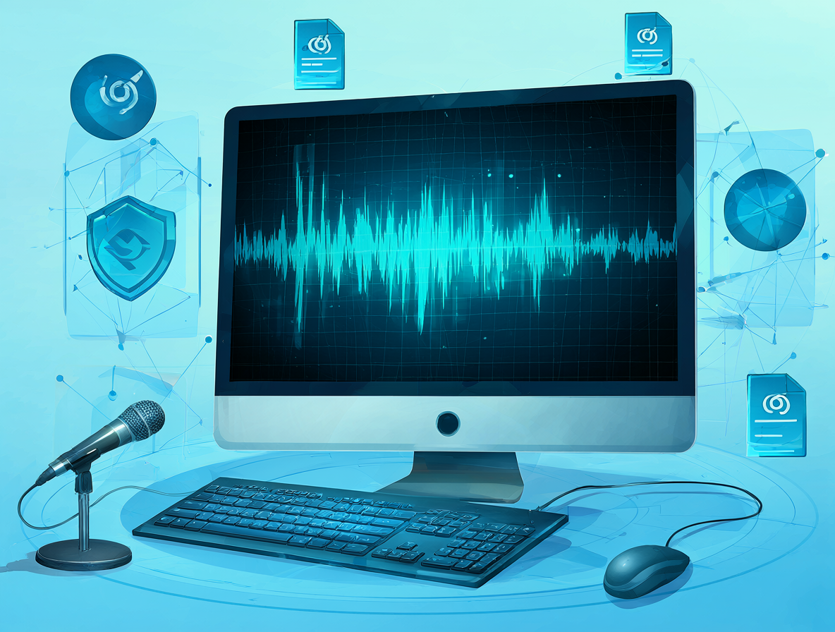 Ilustración de una computadora grabando audio automáticamente con protección ante cortes de energía.