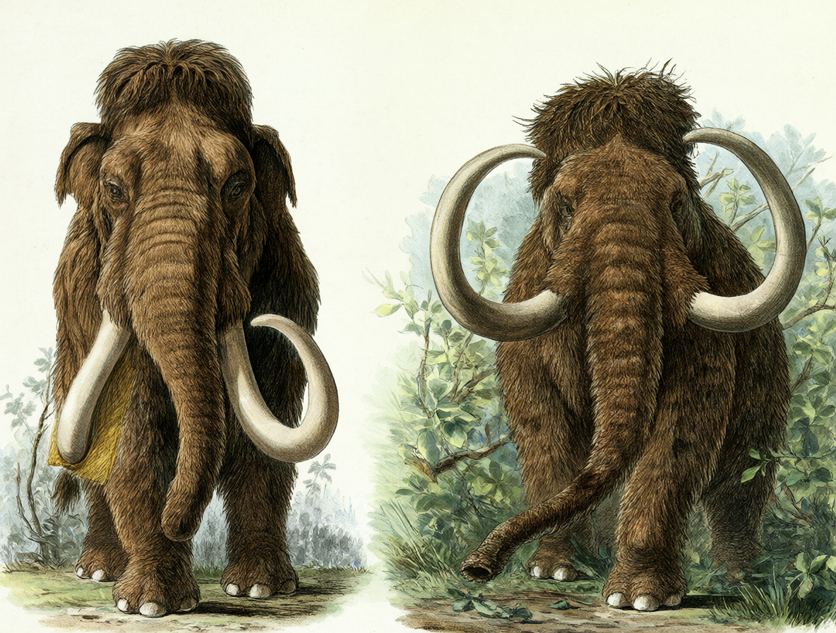 Side-by-side comparison of a woolly mammoth and an American mastodon