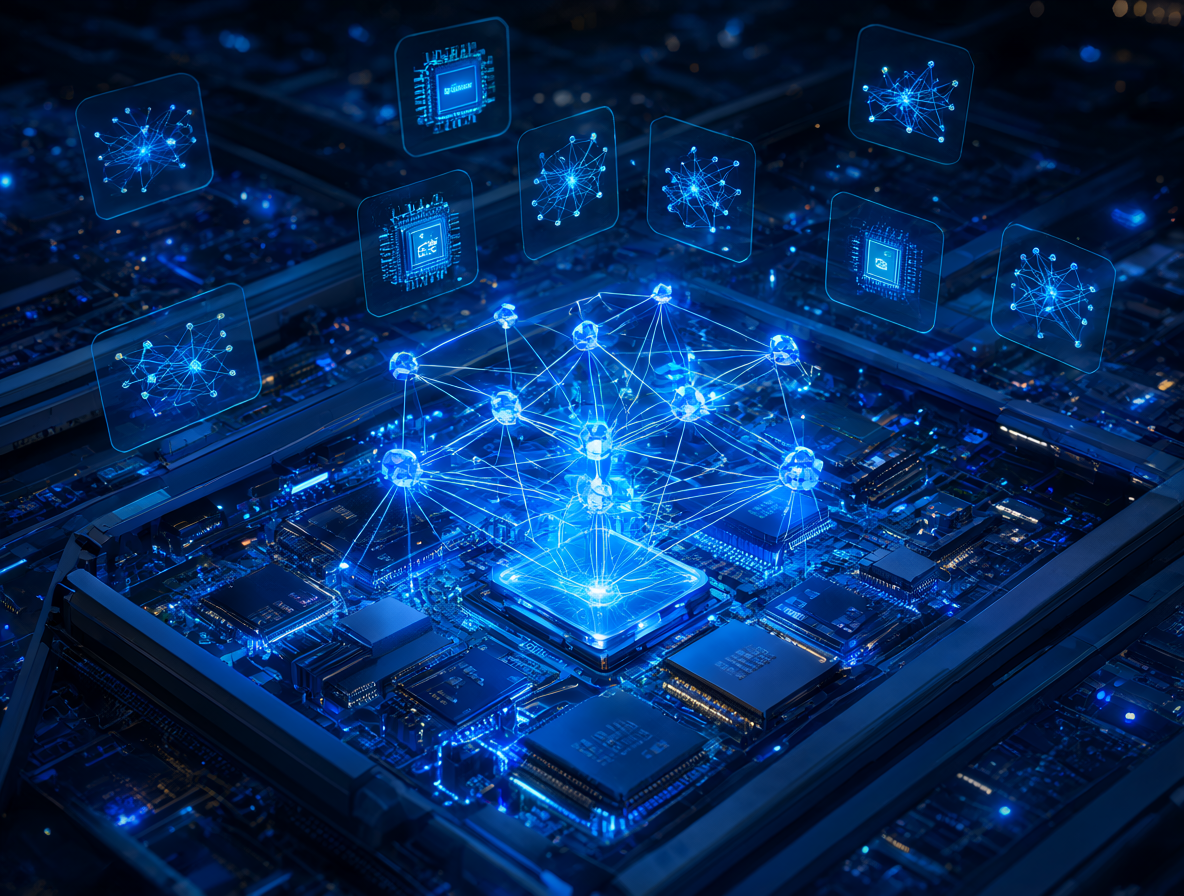Ilustración digital detallada de un entorno de computación moderna donde la inteligencia artificial avanzada funciona enteramente en unidades de procesamiento central.