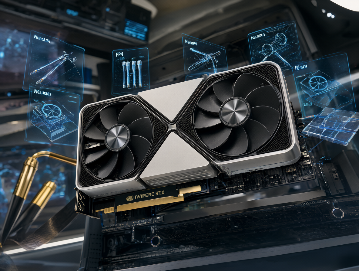 A close-up of an NVIDIA GeForce RTX 3090 graphics card in a desktop setup, surrounded by holographic overlays representing Nunchaku kernels.