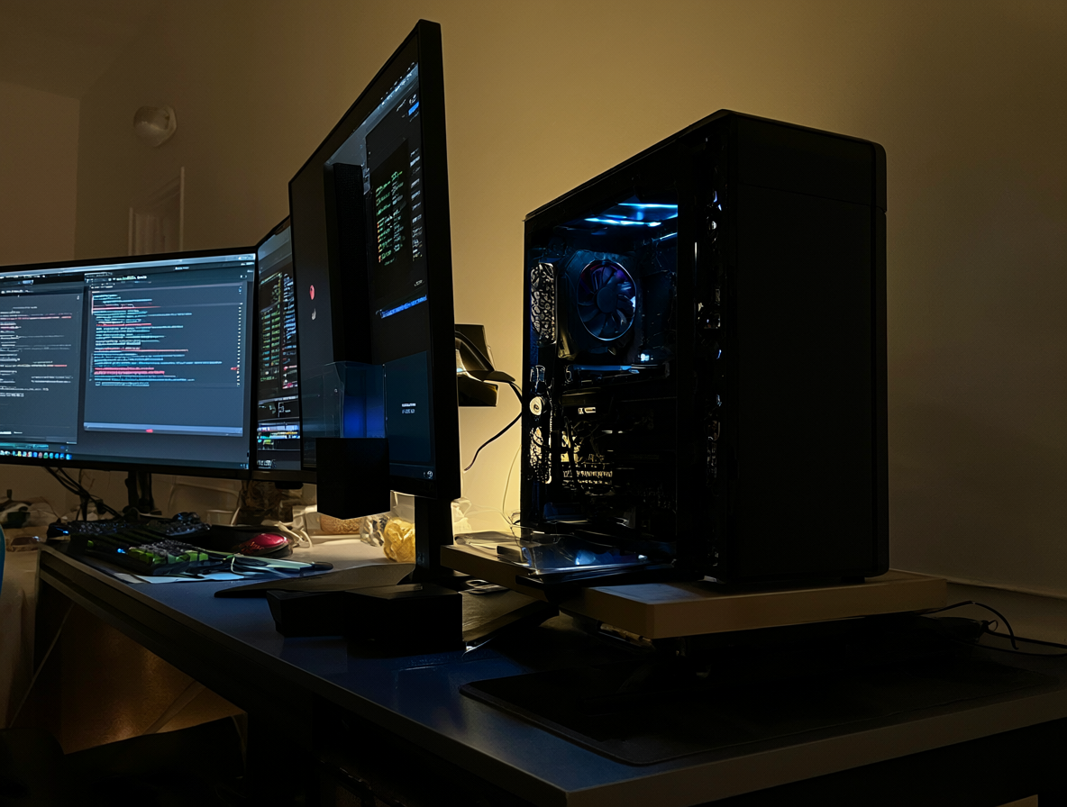 Torre de PC con tarjeta gráfica RTX 3060 en un escritorio con monitores mostrando software de IA y contenedores Docker.