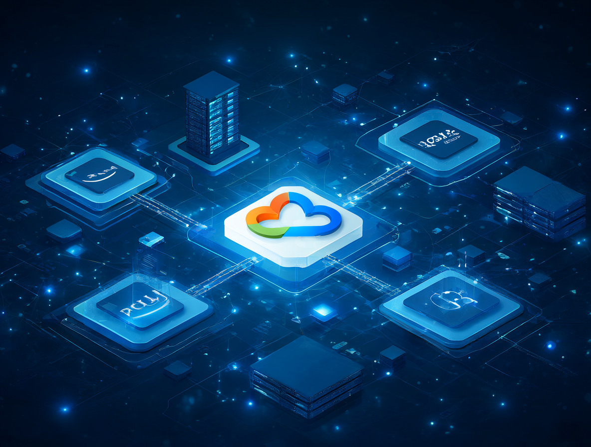 Diagrama de infraestructura mostrando los logotipos oficiales de Amazon Web Services, Microsoft Azure y Google Cloud Platform conectados entre sí.
