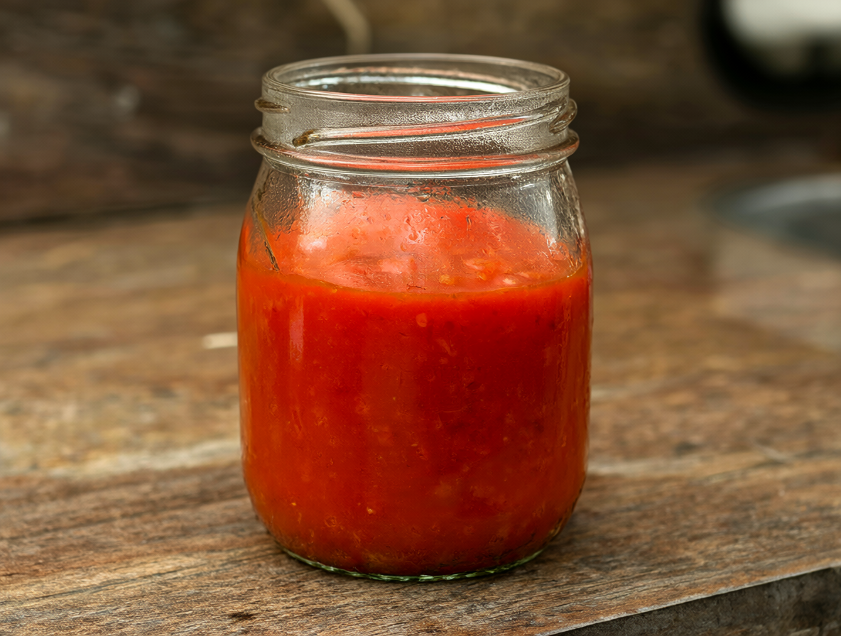 Glass jar of red pepper sauce sitting on a wooden counter