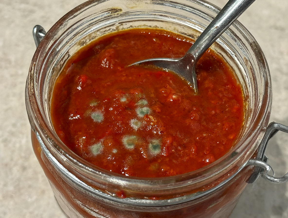 Spoiled pepper sauce in an open jar