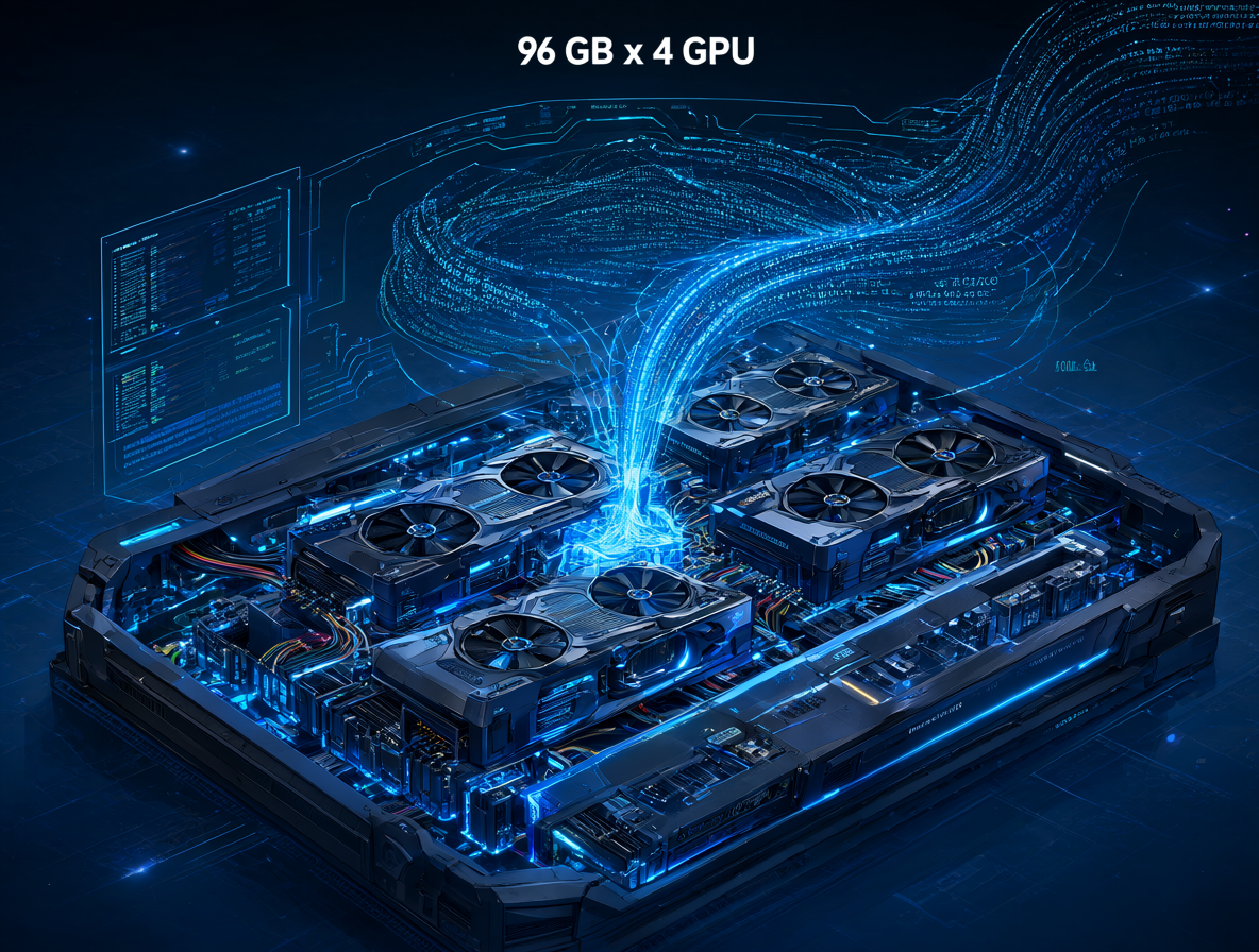 Rack de servidores con GPUs mostrando la configuración de memoria del modelo MiniMax-M2.7.
