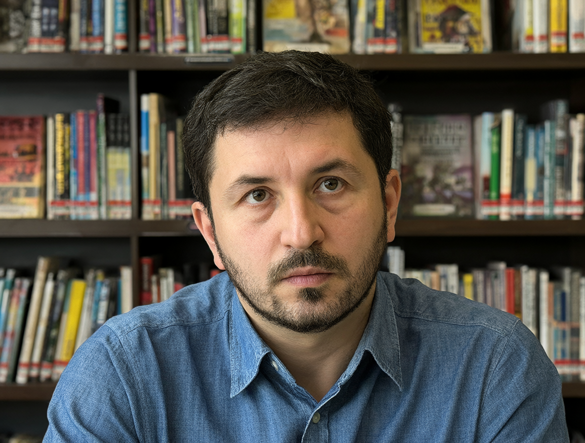 Retrato profesional de Leandro Oberto en una oficina llena de cómics